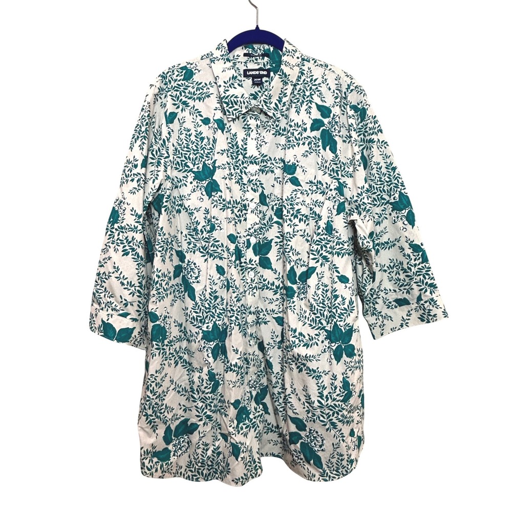 Lands End Button Down Shirt Womens 20W Teal White Floral Leaf Supima Cotton